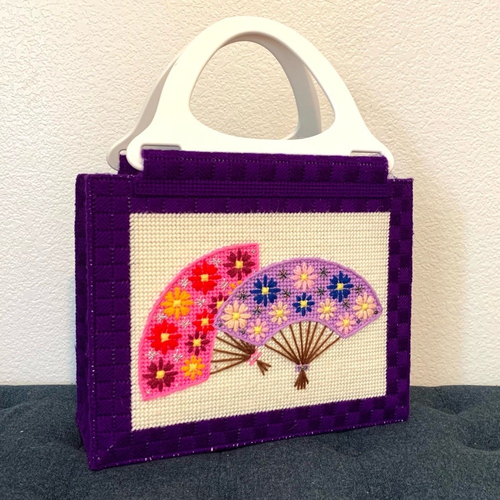 Vintage Handmade Needlepoint Tote Lake Biwa & Fans Art